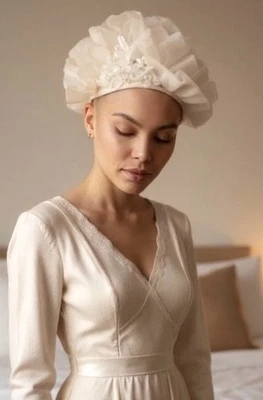 TRUE VTG 50s/60s Ruffled Cream Chiffon & Silk Flowers Pillbox Hat - Image 1 of 2