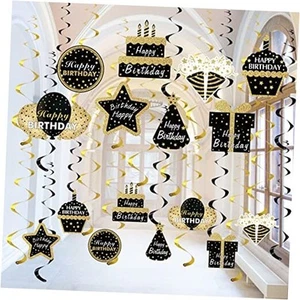 Black Gold Birthday Hanging Swirls Decorations for Mens Women, 16Pcs Happy - Picture 1 of 7