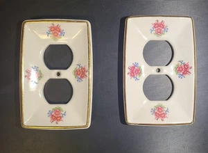 2 Vintage White Porcelain Gold Rimmed with Pink/Blue Flowers Electric Plug Cover - Picture 1 of 5