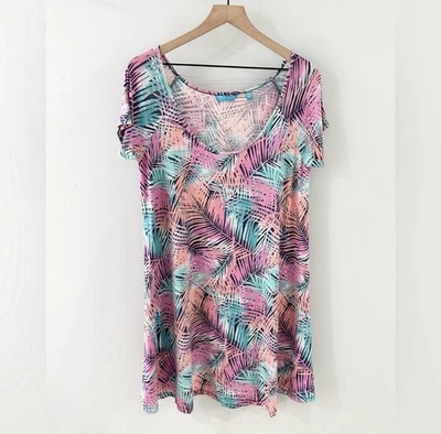 Tori Richard Short Sleeve Blue & Pink Palm Leaf T-Shirt Dress Size Large - Image 1 of 4