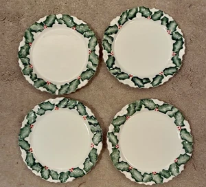 NEIMAN MARCUS Christmas Holly Dessert Plates 7 .25 “.  Green & White. Set of 4 - Picture 1 of 6