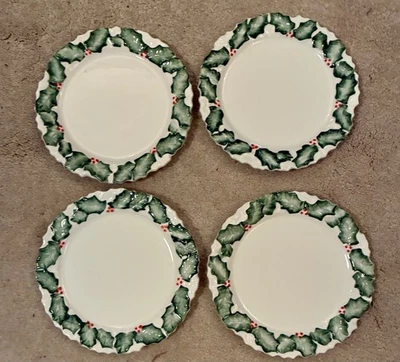 NEIMAN MARCUS Christmas Holly Dessert Plates 7 .25 “.  Green & White. Set of 4 - Image 1 of 4