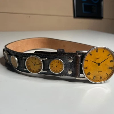 Cinturón de cuero vintage multi caras de reloj cuarzo París esferas amarillas Steampunk Foto 1 de 4