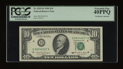 DBR 1990 $10 FRN Cleveland Fr. 2029-D PCGS XF-40 PPQ Serial D05246027A - Image 1 of 2