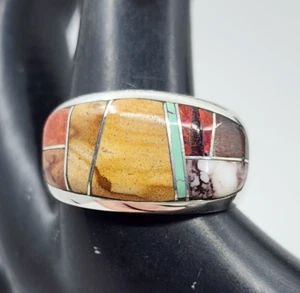 Lazuli Designs Navajo B. Joe Sterling Assorted Stone Inlaid Mens Ring Size 12 - Picture 1 of 11