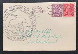 1930 US AIRMAIL FIRST FLIGHT AMARILLO TEXAS CAM 34 NEWYORK-LOS ANGELES ROUTE VF - Picture 1 of 2