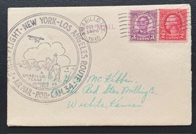 1930 US AIRMAIL FIRST FLIGHT AMARILLO TEXAS CAM 34 NEWYORK-LOS ANGELES ROUTE VF - Image 1 of 2