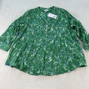 Kim Rogers Top Womens XXL 2XL Kelly Green Popover Flowy Pleated Henley Coastal - Picture 1 of 13