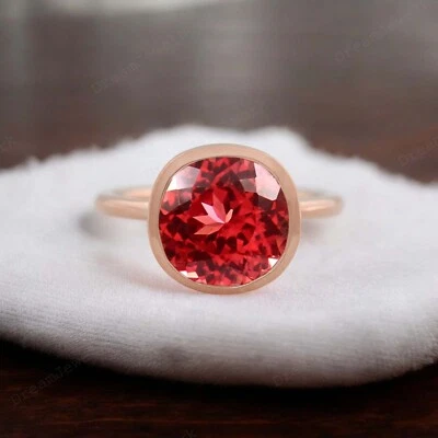Anillo de oro rosa de 14k 8 mm Padparadscha zafiro anillo bisel conjunto anillo de oro Foto 1 de 4
