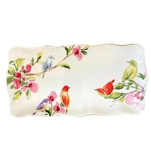 Grace Teaware Fine Porcelain Floral & Birds 10.5in Rectangular Serving Tray New - Picture 1 of 9