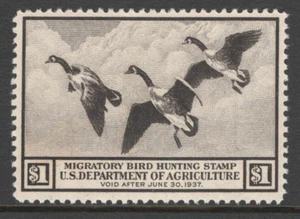 1936 US RW3 $1 Department of Agriculture Migratory Duck Hunting Canada Geese MLH - Picture 1 of 3