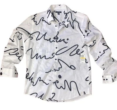 Camisa Alfani Estampado Abstracto Abotonable Manga Pestaña Enrollable Negra Blanca M $65 Hombre’s Foto 1 de 4