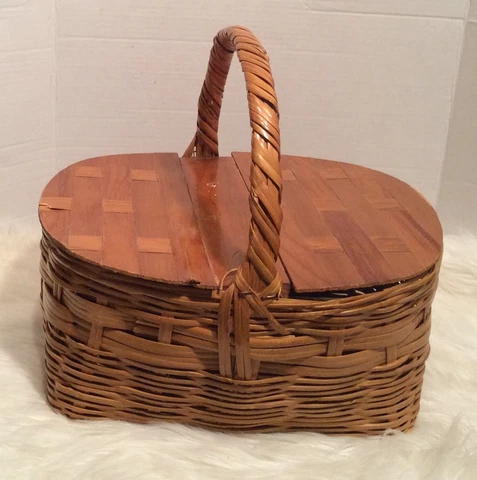 Vintage Handwoven Bamboo Picnic Basket Made in Mexico Dual Top Door Cover