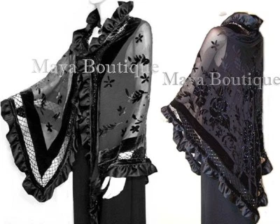 Black Shawl Scarf Wrap Silk Beaded Burnout Velvet Triangle Ruffles Maya Matazaro - Image 1 of 4
