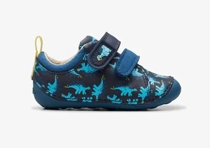 Baby Boys Clarks 'Tiny Stomp T' Navy Dinosaur Print Leather Pre-Walker Shoes - Picture 1 of 12