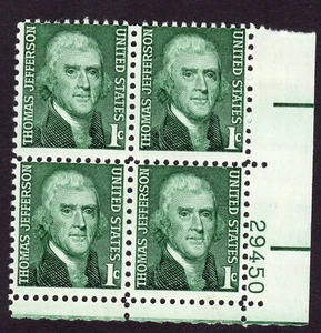 Scott #1278 Thomas Jefferson Plate Block of 4 Stamps - MNH P#29450 LR - Picture 1 of 1