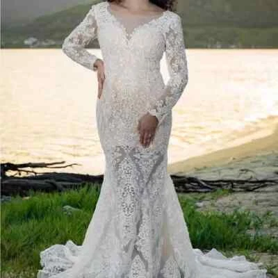 LONG SLEEVE BEADED LACE WEDDING DRESS WITH DEEP V NECK - Image 1 of 4