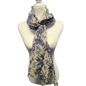 J Crew Wool Scarf Blue Beige Floral Classic Basic Layer Boho Lightweight - Picture 1 of 6