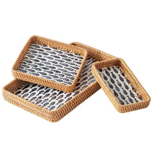 Set of 3 Rectangle Rattan Trays for Decor, Coastal Wicker Serving Tray, Hand-... - Foto 1 di 7