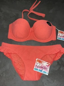 Französischer Damen-Bikini korallefarben strukturiert Floozie Frost Größe 8 Unterteil 32C Oberteil - Bild 1 von 7