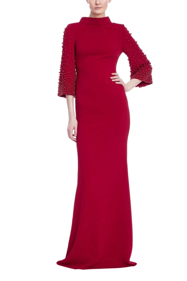 Badgley Mischka Ruby Red Beaded Bell Long  Sleeve Gown $990 Modest sz 10 NWT - Image 1 of 2