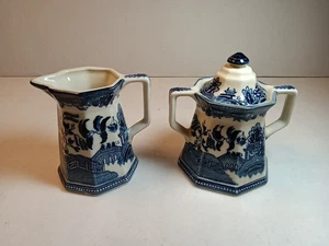 Fenton Ironstone Edward & Charles Challinor Blue Scenic Creamer & Sugar With Lid - Picture 1 of 16