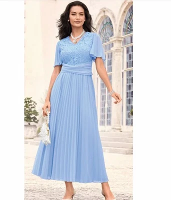 Size 24W PLUS Midnight Velvet Blue Formal Wedding Church Lace Pleated Maxi Dress - Image 1 of 4