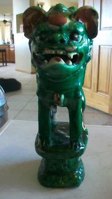 CHINESE ANTIQUE COLORFUL HAND CARVED FOO DOG 10" Tall - Image 1 of 4