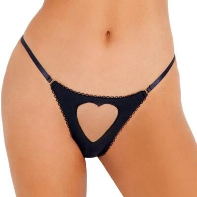 Heart Cut Out Panty Mini O Rings Elastic G-String Back Open Black LI418 Large - Image 1 of 3