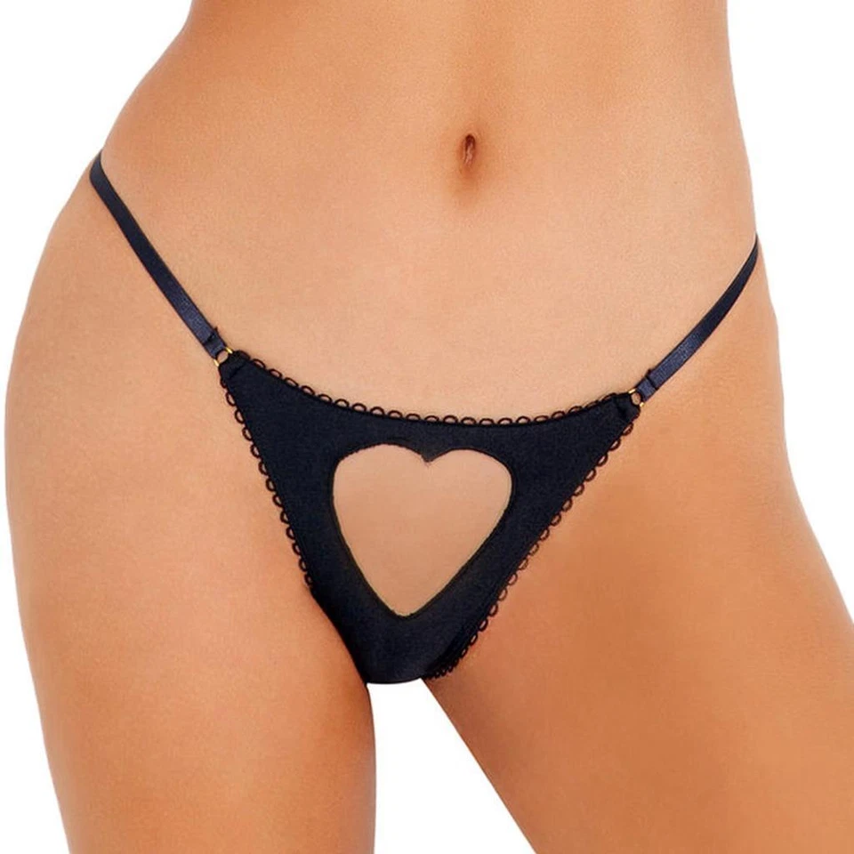 Heart Cut Out Panty Mini O Rings Elastic G-String Back Open Black LI418 Large - Image 1 of 3