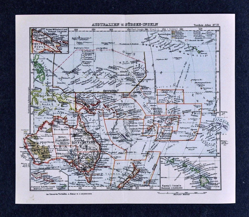 c1925 Taschen Atlas Map Oceania Australia New Zealand Tahiti Hawaii Fiji Samoa - Image 1 of 1