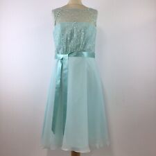 BHS Size 12 Dress Mint Green Bridesmaid Ladies Lace Midi Satin Belt Flare Womens