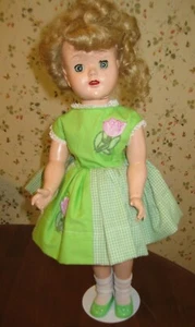 Vintage Unmarked 18" Blonde Walker Doll Wearing Lime Dress Embroidered Roses - Picture 1 of 5