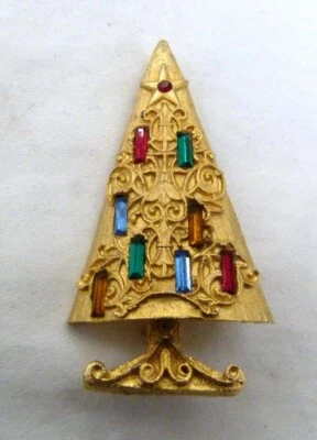 2 1/4" VINTAGE MID-CENTURY MODERN MYLU BAGUETTE RHINESTONE CHRISTMAS TREE PIN - Image 1 of 4
