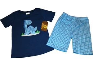 NWT Boutique Boys Size 5-6 Embroidered Appliqued Dinosaur Shorts Shirt Outfit - Picture 1 of 7