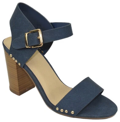 Delicioso Mujer Grueso Grueso Tacones Altos Tobillo Correa Abierta Tachonado Azul Oscuro URKEL Foto 1 de 3