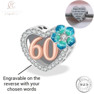 60th Birthday Charm Genuine 925 Sterling Silver -Personalised / Engraved - Picture 1 of 7