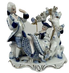 Blue White Delft-Style Porcelain Figurine Colonial Man Lady On Swing ~5"X6"