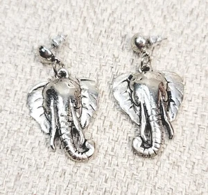 Vintage Elephant Silver Tone Metal Pierced Dangle Earrings - Picture 1 of 7