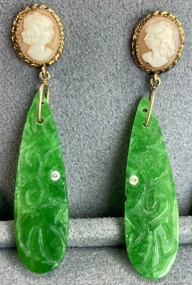 Pendientes de Diamantes Vintage Oro Amarillo 14K Camafeo Estate Joyería Fina Usados  Foto 1 de 1