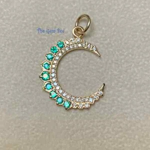 18x24.5mm 14K Yellow Gold Diamond Natural Emerald Crescent Moon Charm Pendant - Picture 1 of 8