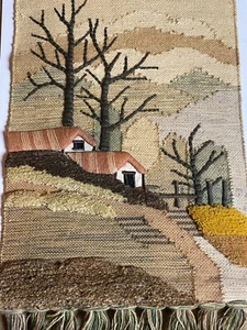 Vintage 70s MCM Fiber Art Boho Woven Wall Hanging Textile Jute Tapestry Houses - Picture 1 of 8