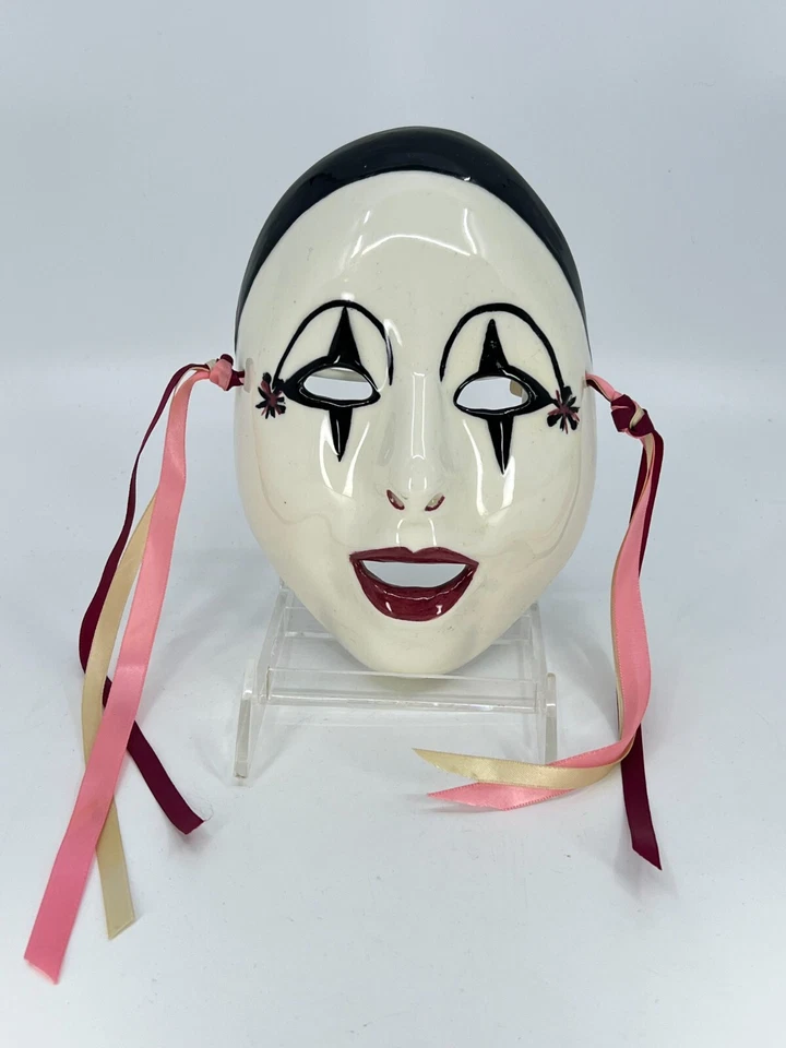 1980s Porcelain Masquerade Mask Hand-Made Hand-Painted Star Eyes Pink Ribbons - Image 1 of 4