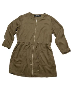Zara Olive Green Front Zip Long Sleeve Utility Pockets Mini Shirt Dress Size M - Picture 1 of 6