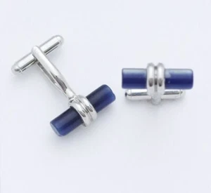 C0502 CUFF LINKS CUFFLINKS SILVER DEEP NAVY CATEYE GEM CYLINDER STICK BARREL NEW - Picture 1 of 1