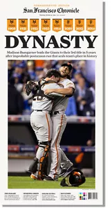 SF GIANTS DYNASTY WORLD SERIES CHRONICLE NEWSPAPER 10/30/2014 EX-COND - Picture 1 of 2