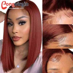 Reddish Brown Short Bob 13x4 Lace Front Wig Human Hair PrePlucked with Baby Hair - Picture 1 of 12