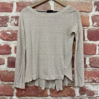 Camisa Adrienne Vittadini Top Mujer XS Marrón Rayas 100% Lino Botón Trasero Foto 1 de 4