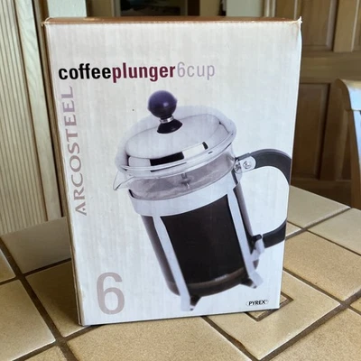 DE COLECCIÓN PYREX ARCOSTEEL PRENSA FRANCESA 6 TAZAS CAFETERA PLATA PARECE SIN USAR Foto 1 de 4