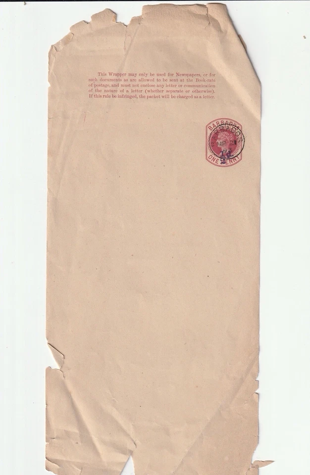 ENVOLTURA DE PAPEL DE NOTICIAS BARBADOS 1893 CON SELLO DE 1 CENTAVO EN RELIEVE Foto 1 de 1